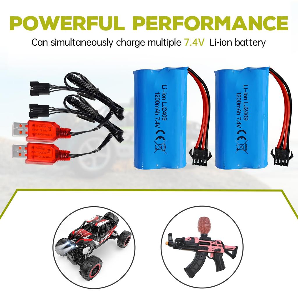 2PCS 7.4V 1200mAh SM-4P Plug Rechargeable Battery with USB Charging Cable for EC08 RC Toy Car Model, Off-Road Vehicle, Hill Climbing, Drifting,