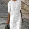 Women Summer Dress Round Neck Three Quarter Sleeves Knee Length Solid Color Buttons Loose Pullover Soft Casual Breathable Lady Fall Spring Midi Dress