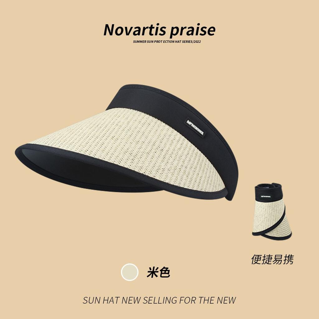 Women's Summer Wide-Brimmed Open-Top Straw Hat for Face and Sun Protection, Outdoor Cycling UV Protection Sun Hat with Black Coating