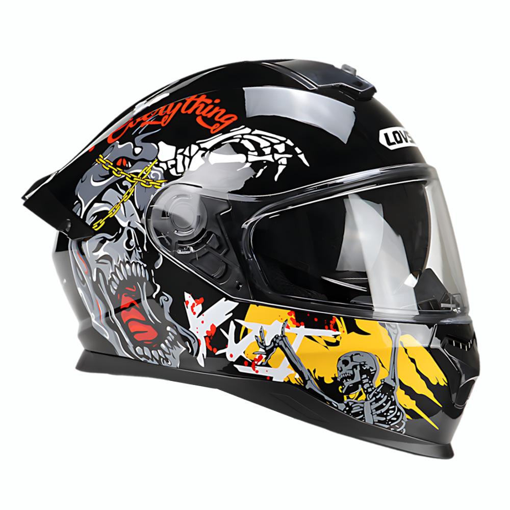 Motorcycle Helmet Black Skull Men's Helmet Motorcycle Full Helmet Men's and Women's All-season Universal Double Lens Riding