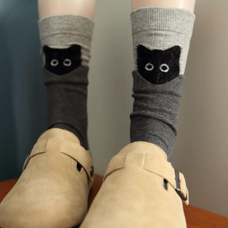 

1 Pair Mid-Calf Socks for Women Girls Cotton Socks Autumn Winter Cartoon Kitten Cute темно-серого