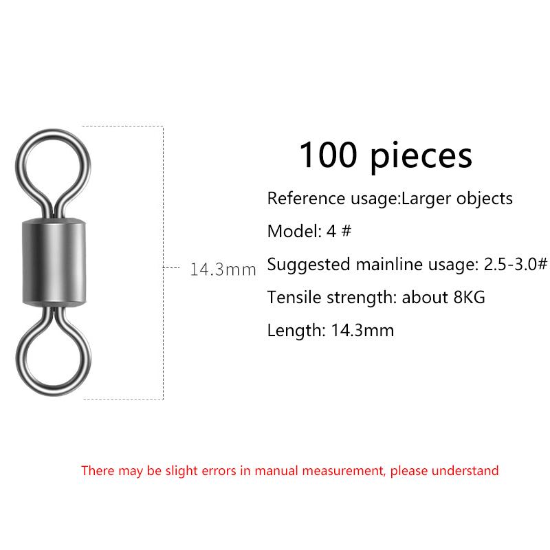 

100 шт. рыболовных вертлюжков из нержавеющей стали, вертлюжки-бочонки, коннектор для лески, микро-вертлюжки, вертлюжки с кольцом для рыболовной приманки Size 4 100Pcs