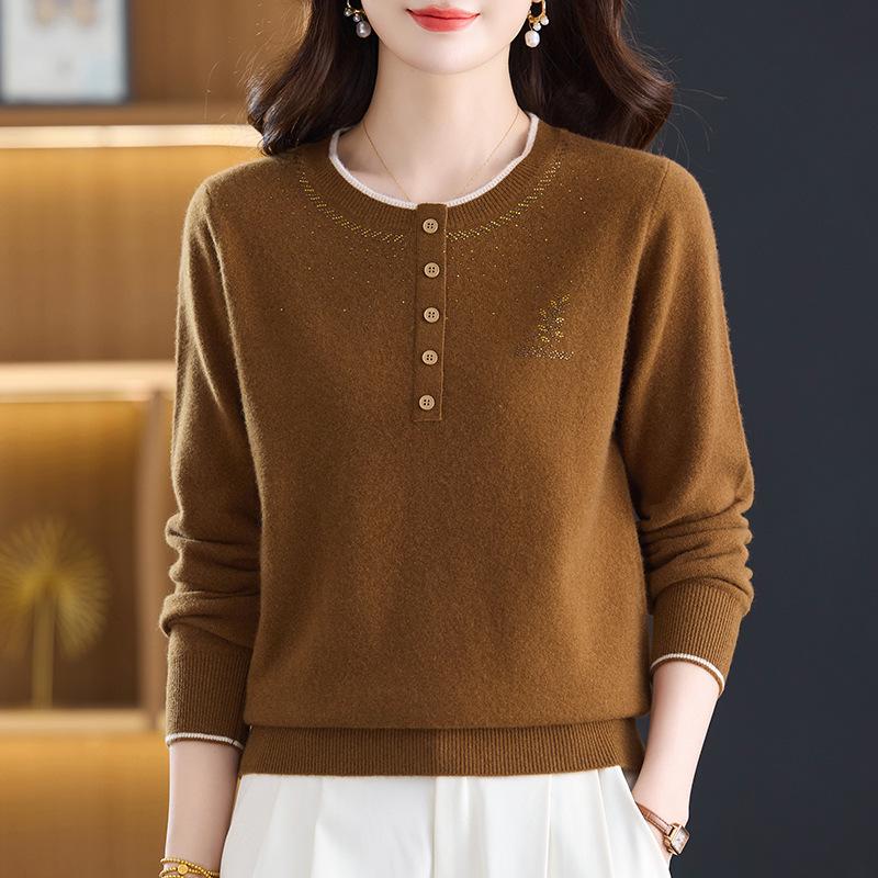 Stylish Women's Rhinestone Wool Round Neck Knit Sweater - Long Sleeve, Warm, Loose Fit for Autumn/Winter