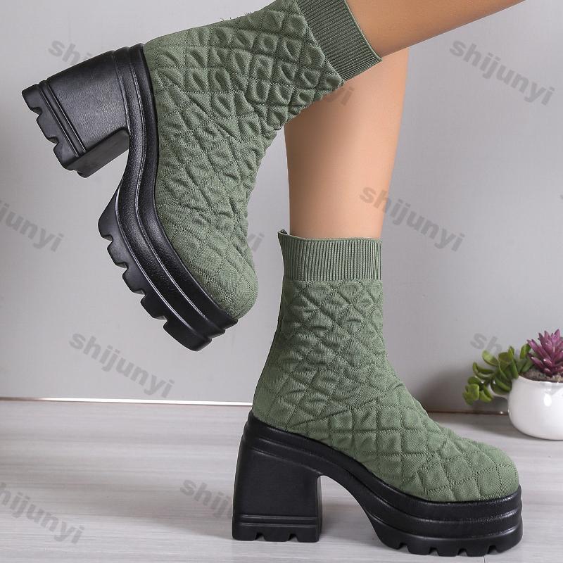 Bottes en Tricot Épais pour Femmes Bottes Chaussettes Stretch Hiver 2026 Nouvelle Mode Automne Femme Plateforme à Enfiler Talon Carré Botas De Mujer