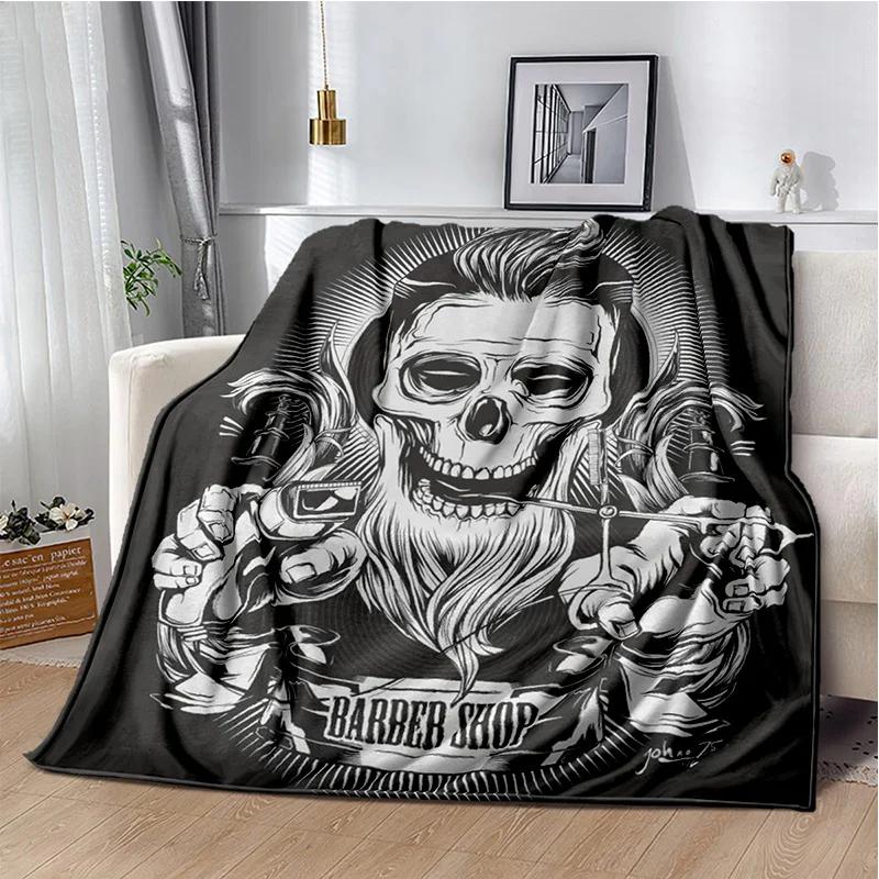 3D Berber Dükkanı Kafatası Vintage Burcu Battaniye, Yumuşak Atmak Battaniye Ev Yatak Odası Yatak Kanepe Piknik Seyahat Ofis Kapak Battaniye Çocuklar