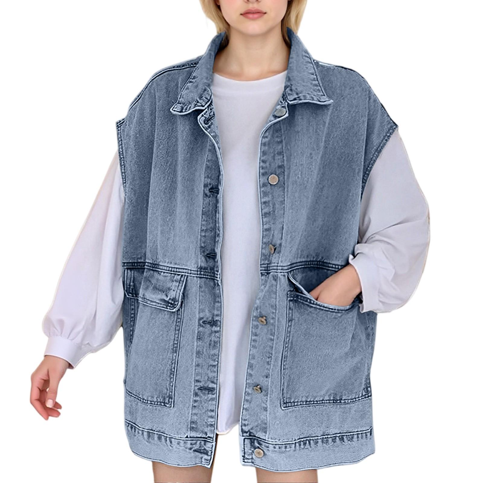 

Женский безрукавный жилет Рабочая одежда Джинсовый жилет На все случаи жизни Однотонный жилет XL синий