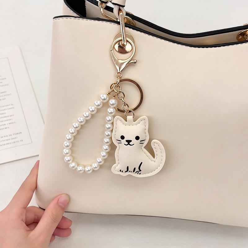 Yogodlns Cute Cartoon Cat Faux Leather Keychain Lovely Kitten Bag Charm Handbag Pendant Cat Lover Gift Key Ring
