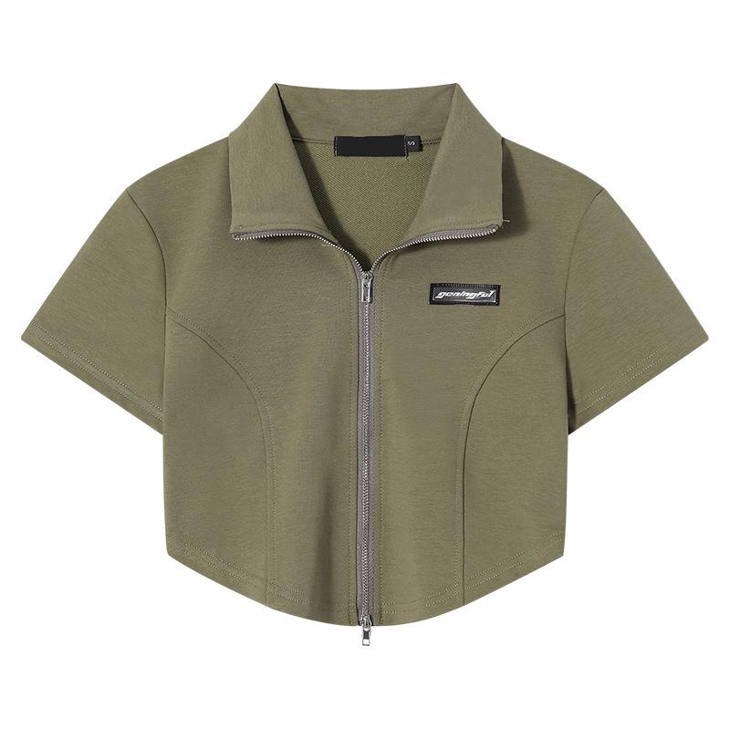 

Американский уличный стиль горячей девушки, укороченный топ на молнии с воротником поло: Женская летняя футболка с высокой талией, сексуальная с коротким рукавом L (90-100 jin) зелёный