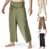 Pantalon de pêcheur thaïlandais Été Couleur unie Cordon de serrage Jambes larges Poches Vêtements pour hommes Lin Décontracté Ample Homme Pantalon d'arts martiaux Vie quotidienne