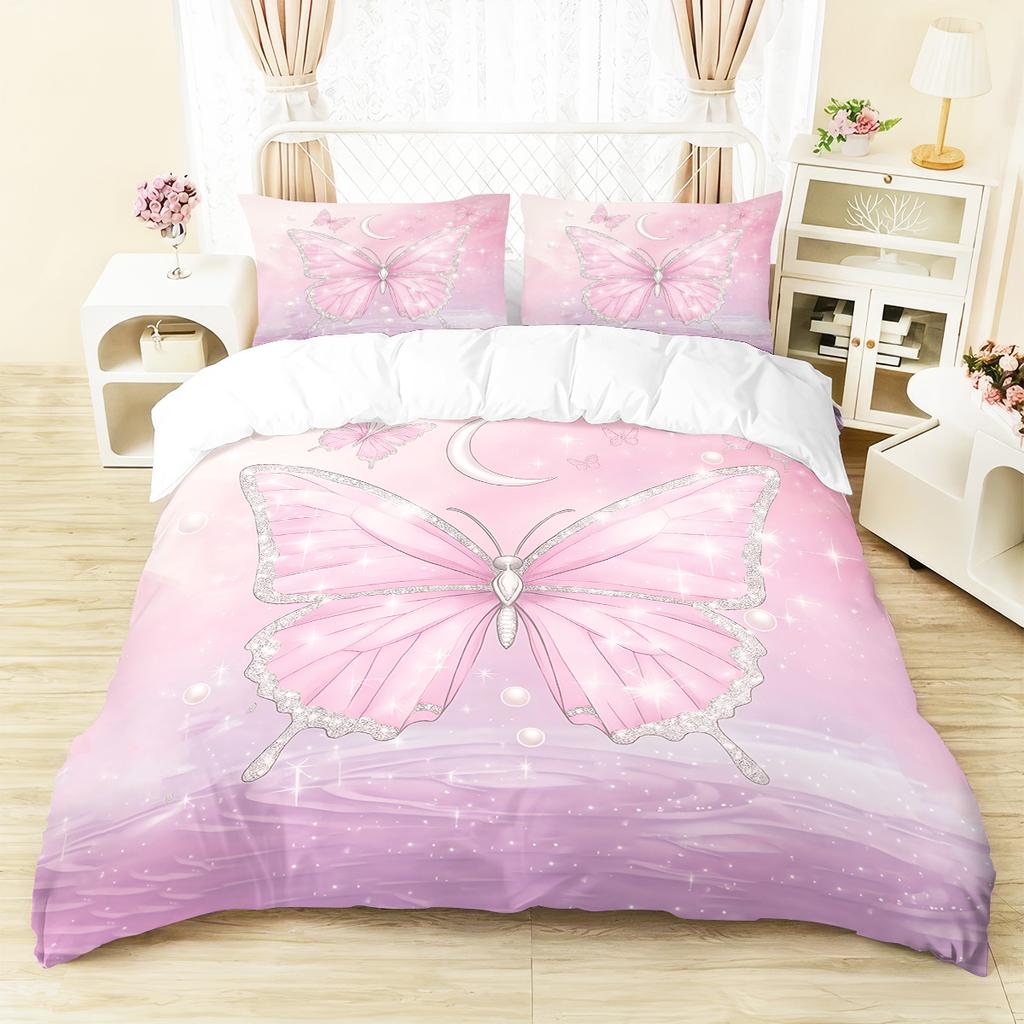 3pcs pink floral butterfly pattern duvet cover set 1 duvet cover+2 pillowcases coreless. Soft and comfortable bedding set