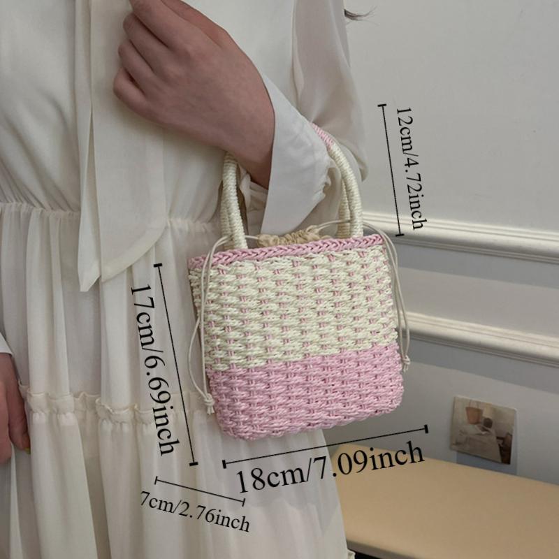 Large Capacity Weave Straw Bag Colorful Patchwork Striped Handbag Simple Beach Bag  Woman Girls