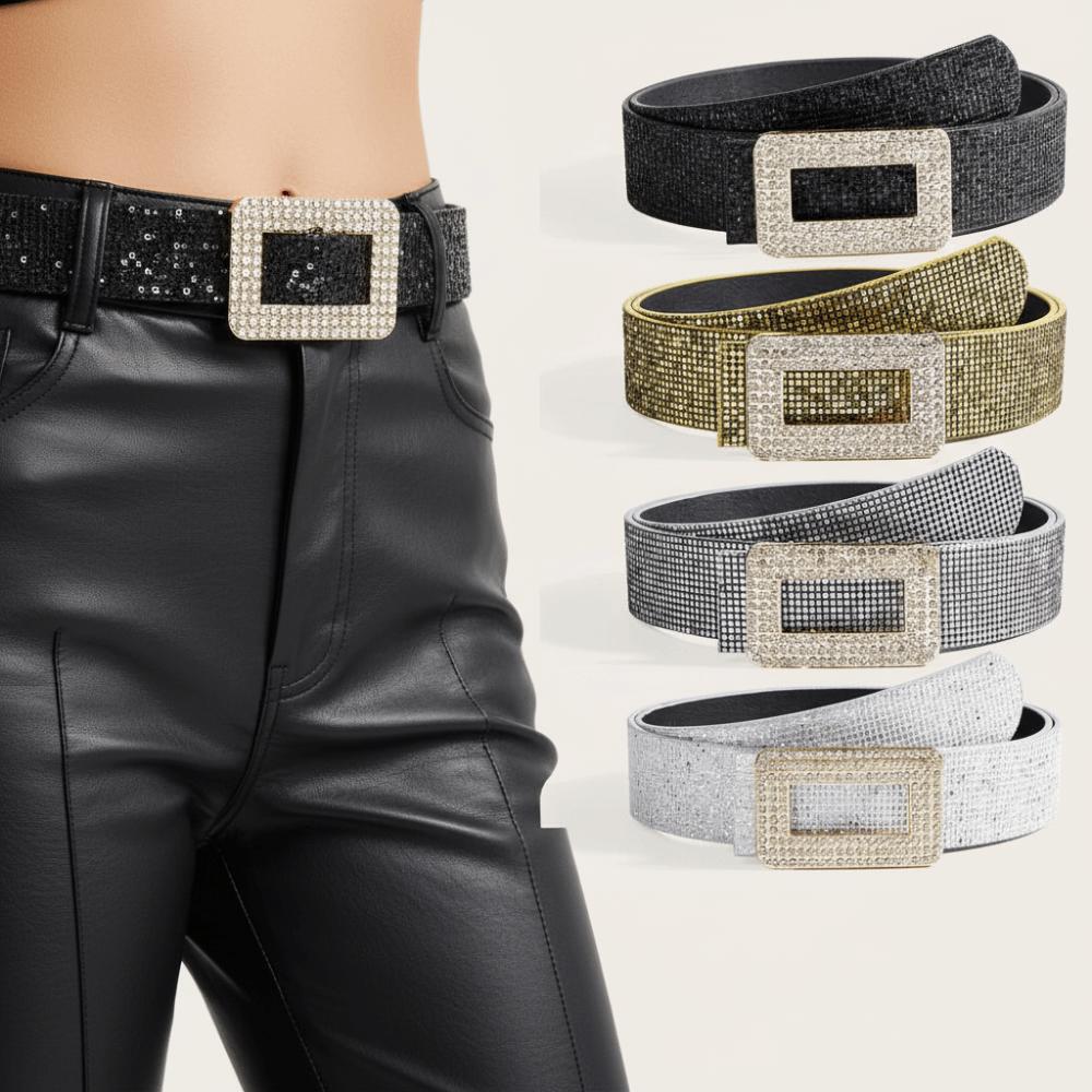 Punk PU Leather Wide Waistband Rhinestone Square Buckle Y2K Girl Waistband Ladies/Girls