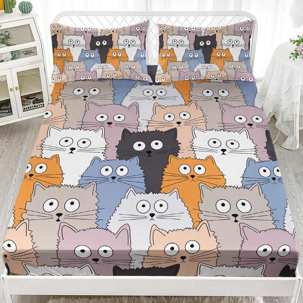 Cartoon Cat Pattern Bed Hat Three-Piece Digital Printing Bedding Bed Hat Three-Piece Set Children And Adults