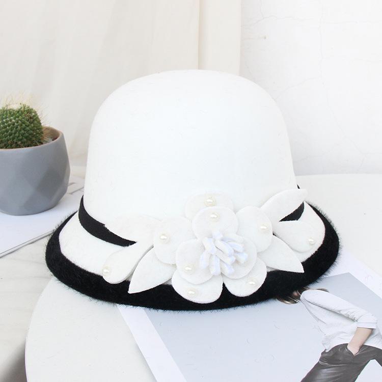 Wool Bucket Hat Ladies Autumn And Winter Leisure Basin Hat Fashion Bead Flower Felt Top Hat