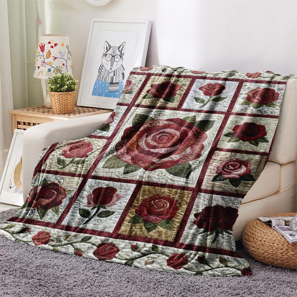 Rose Flower Print Flannel Blanket, High quality Comfortable for All Seasons, Home Decor, Warmth and Comfort, Perfect for Christmas Gifts101