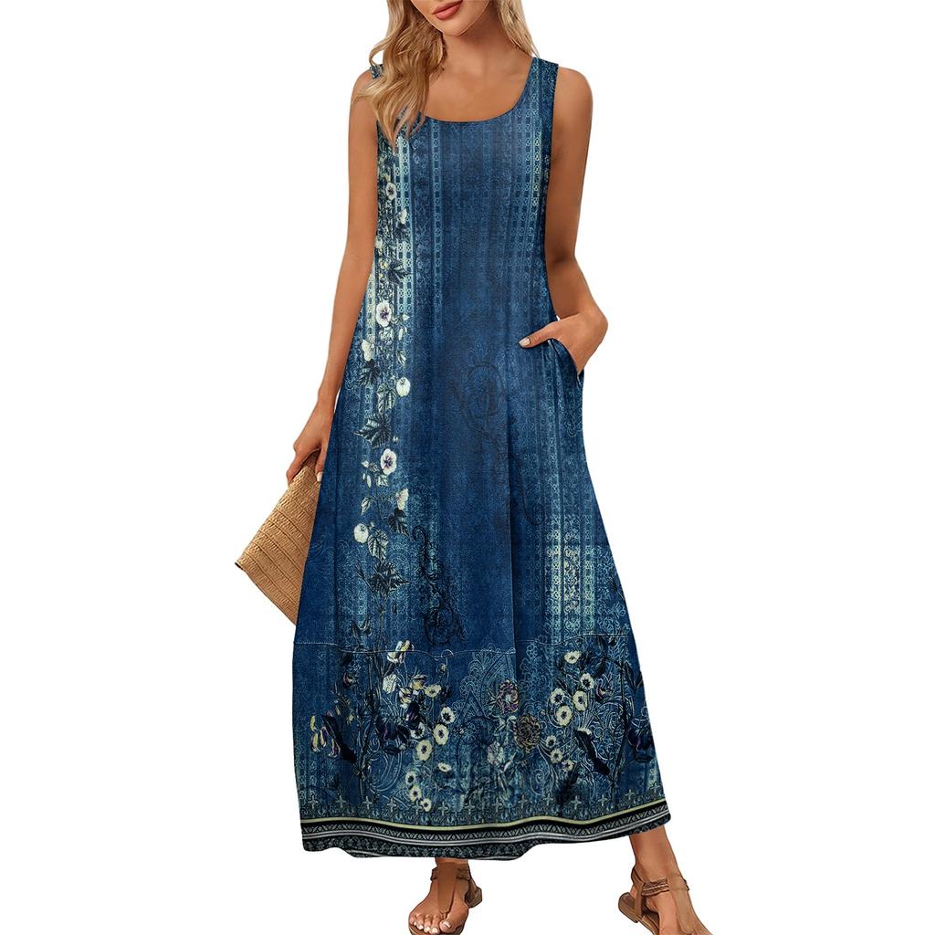 Women's Summer Fashion Round Neck Sleeveless Beach Dress Vintage Floral Printed Dresses