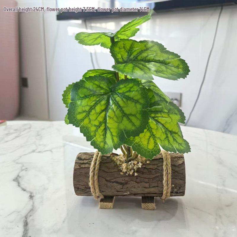 Creative Wooden Basin with Artificial Green Plant Bonsai Ornament for Display and Decoration.