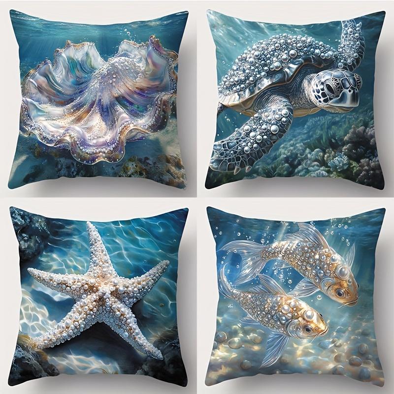 4Pcs 3D Underwater Sea Life Cushion Cover Turtle Fish Printed Pillow Case Polyester Home Decor Sofa Living Room Bedroom