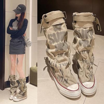 Fashion Women's Spring Graffiti High Canvas Boots Round Head Middle Follow Anti-slip Boots Women Leisure Fashion Rubber Sole Botas Mujer