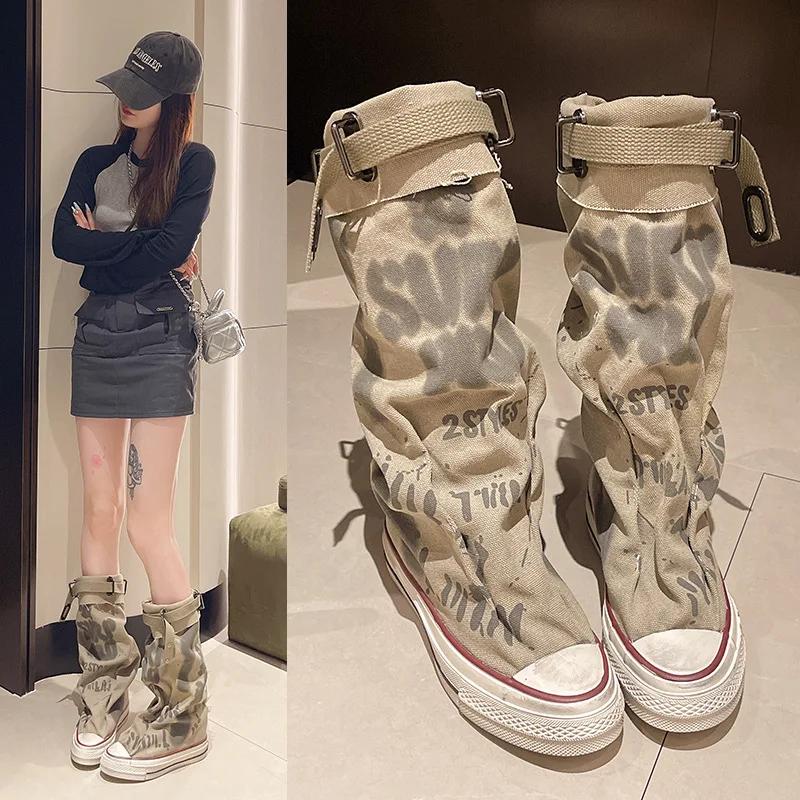 Fashion Graffiti High Top Canvas Shoes Women's Spring Boots Wide Barrel Mid Barrel Boots 2024 New Trouser Barrel Stacking Boots