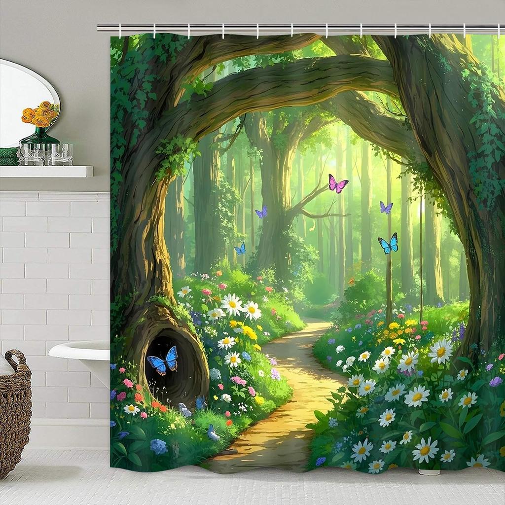 8styles 4Pcs Bathroom Shower Curtain Set Green Tree Nature Bathroom Curtain With 12 Hooks Non Slip Rugs Toilet Cover Mat Bathroom Partition