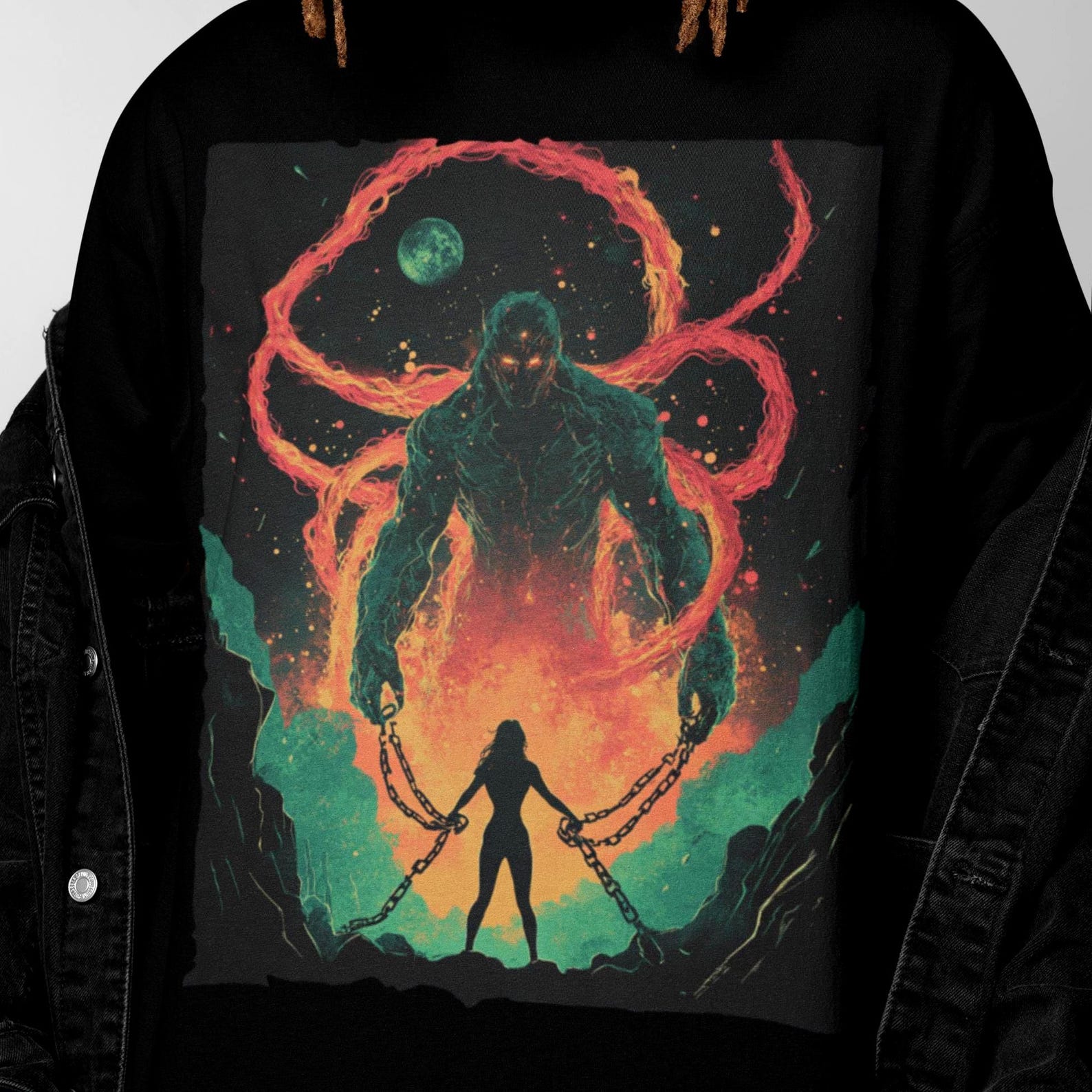 Cosmic Entity Chained Lady Shirt | Gothic Graphic T Shirt | Surreal Space Portal Tee 4XL