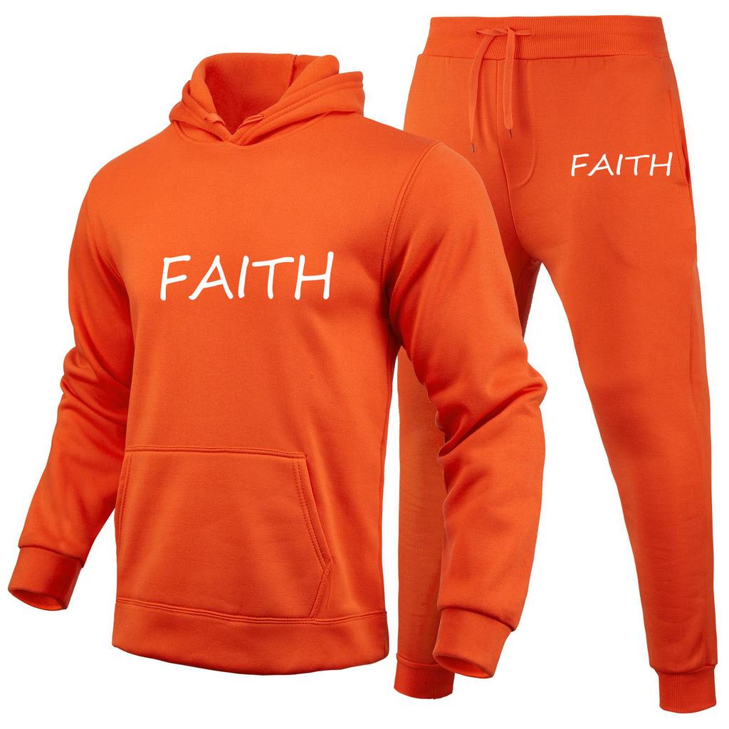 FAITH Letters Printed Suits Autumn Winter Tracksuit Men Solid Hooded 2 Piece Sets Mens Outfits Suit Men Fleece Sport Hoodie Sweatpants Two Piece Sets