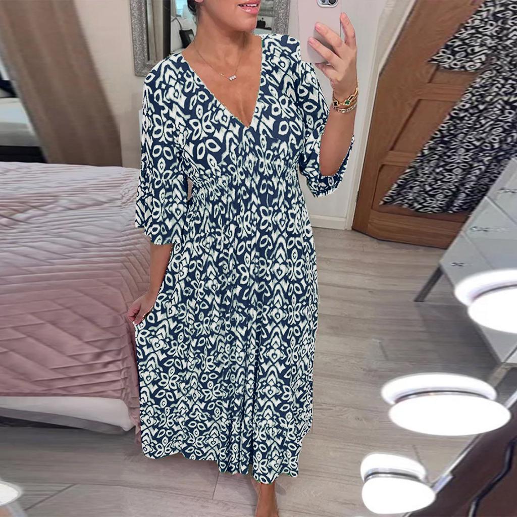 Women's Fashionable Casual Printed V-Neck Dress With Tunic Waist Ruffle Sleeves 3/4 Sleeves A-Line Dress