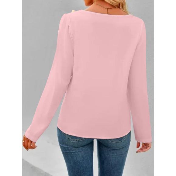 QICED Button-embellished Crew-neck Shirt Autumn Casual Long-sleeved T-shirt for Women