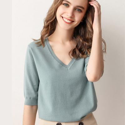 Spring Summer Women T-shirt Short Sleeve Sweater Knitted Sweater V-Neck Loose Short Sleeve Undershirt T-shirt