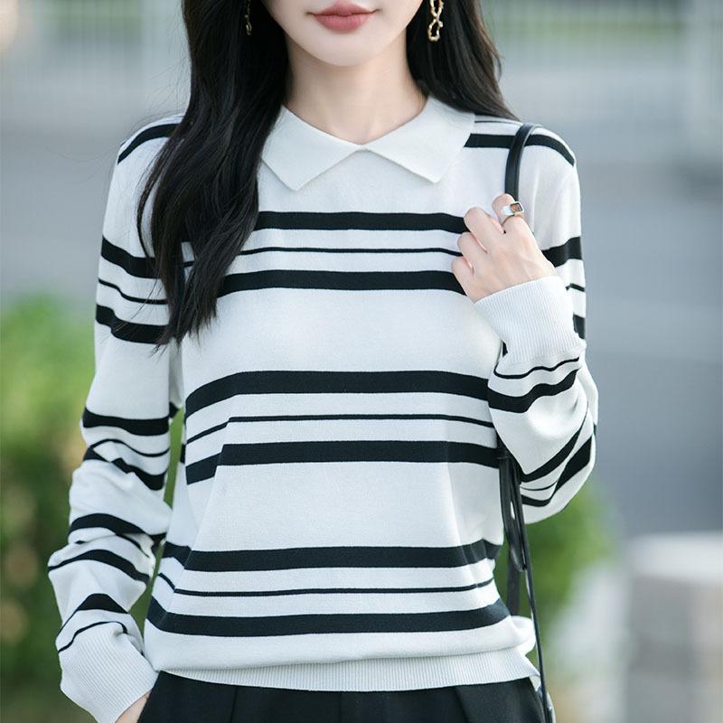 Thin Lapel Long-sleeved Knitted Sweater for Women To Look Slimmer, Color-block Striped Polo Collar Base Layer Sweater, New Autumn and Winter Sweater