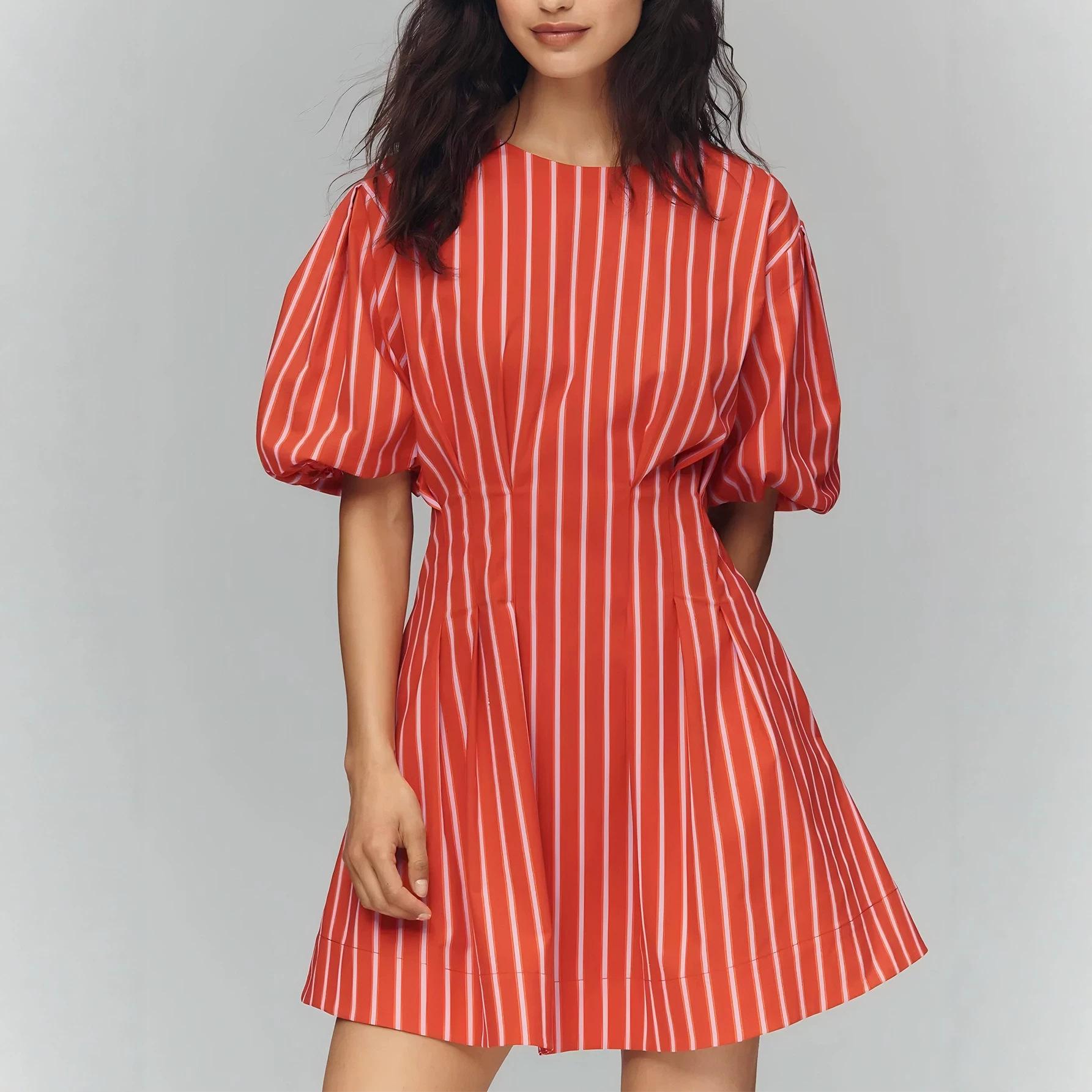 Women Elegant Striped Slim Fit Round Neck Puff Sleeve High Waist Short A Line Dress S