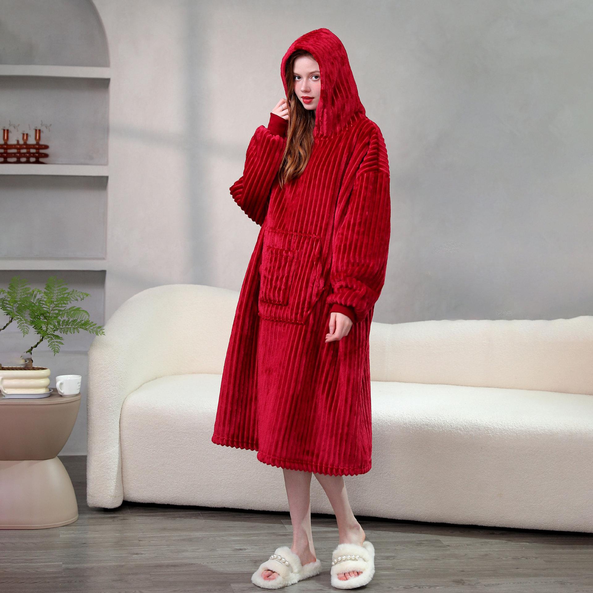 

Женский фланелевой халат с капюшоном, мягкая одежда для сна, передний карман, однотонная теплая ночная рубашка с капюшоном, зимняя домашняя одежда, халаты, ночные рубашки One size бордовый