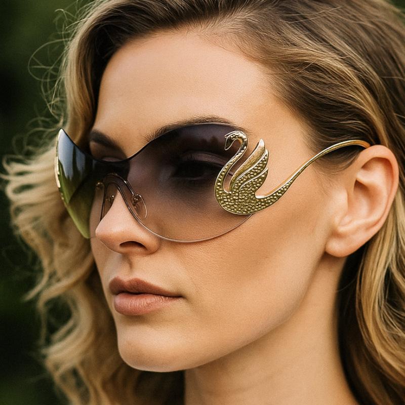 New Trendy Women'S Oversized Rimless Sunglasses Fashion Personality Glasses Swan One Piece Gradient Lens Sun Shades Eyewear
