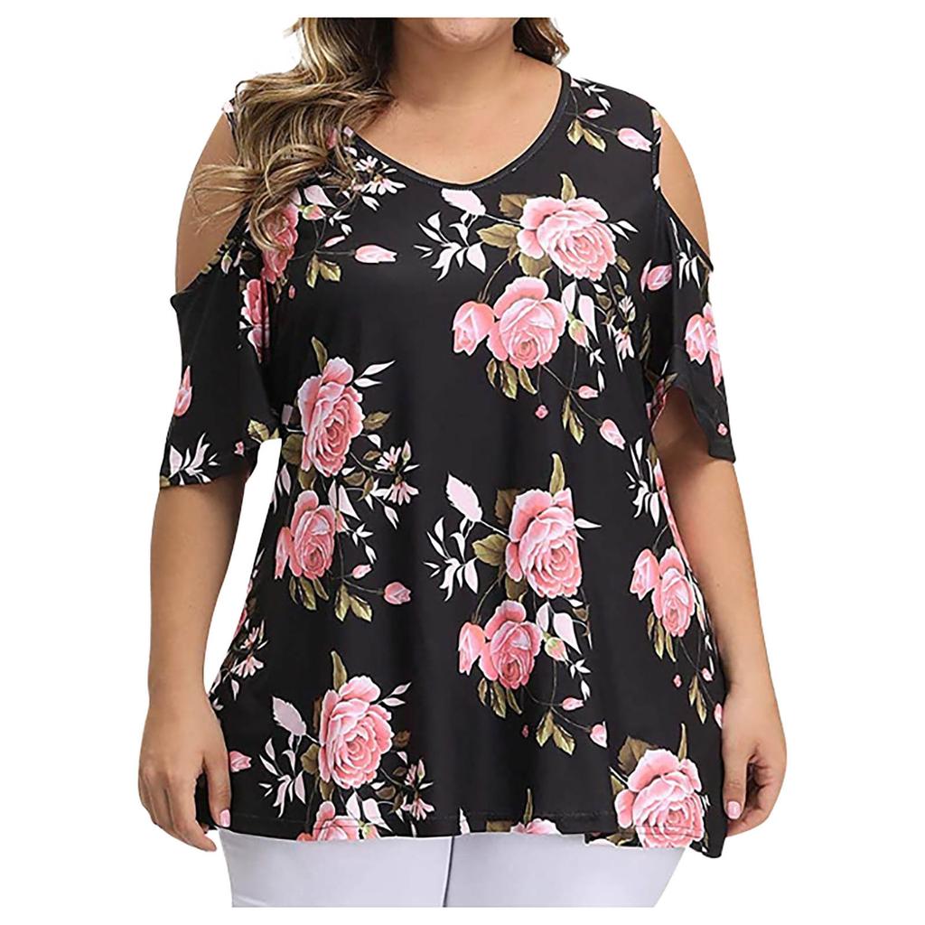 Women Fashion Floral Printing Short Sleeve T-Shirt Plus Size Round Neck Tops