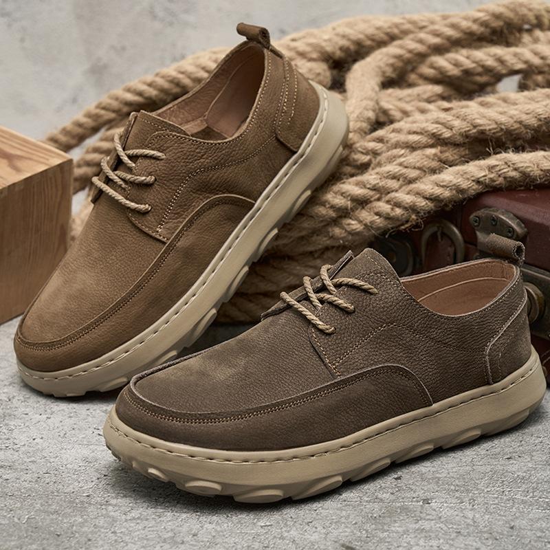 Spring New Genuine Leather Shoes for Men with Lace Up Retro Solid Sole Lightweight Casual and Easy To Wear Shoes with Thick Sole