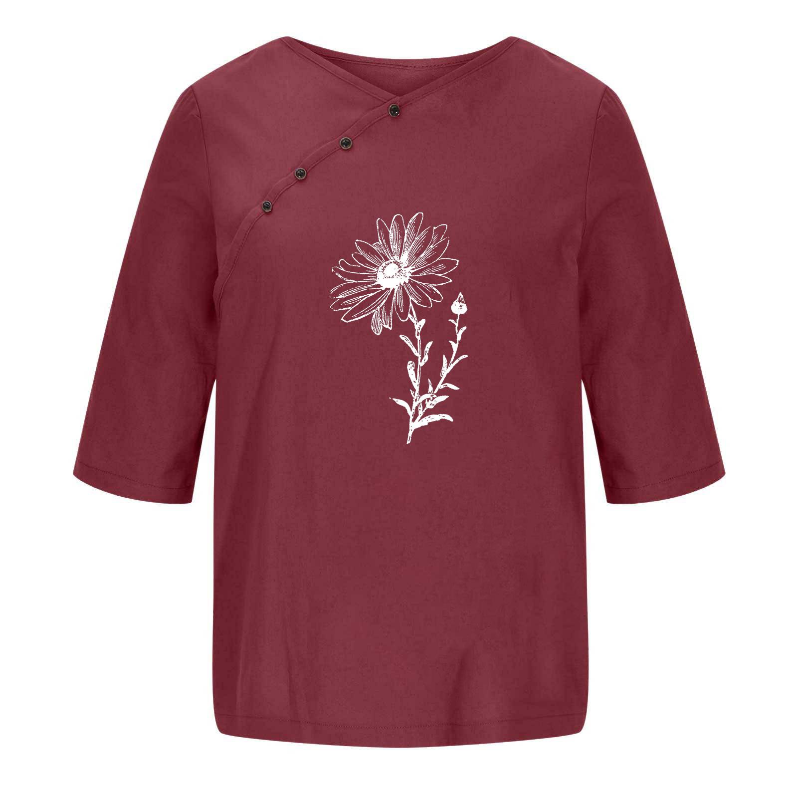 

Летняя свободная футболка с круглым вырезом, пуговицами, цветочным принтом, блузка, повседневный топ для женщин, одежда больших размеров XXL вино красного