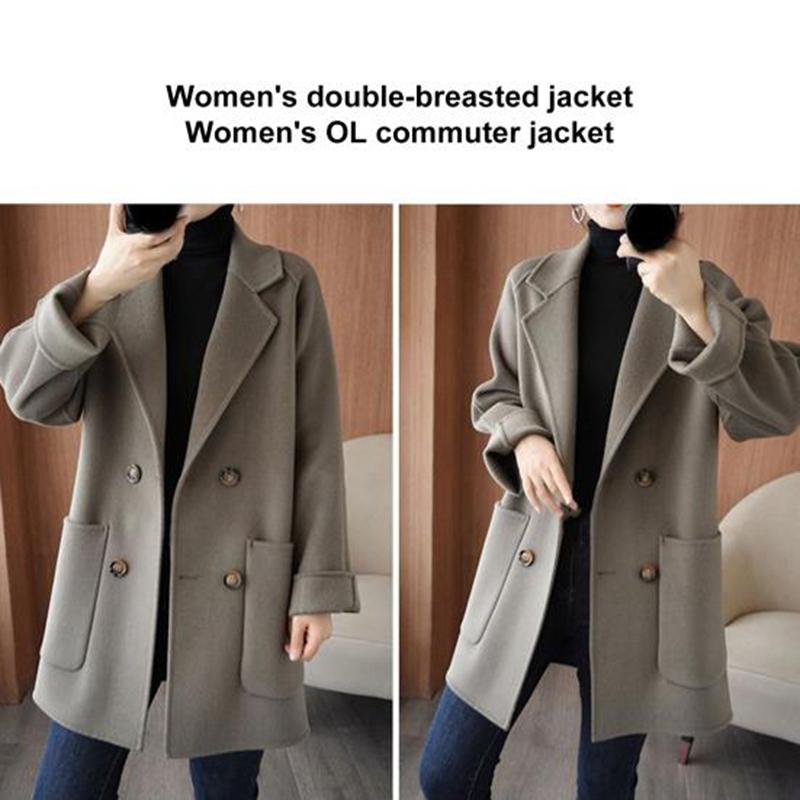Women Winter Coat Solid Color Loose Double-breasted Turn-down Collar Side Pockets Cold-proof Cardigan Plus Size Thicken Autumn Overcoat Women Garment