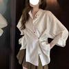 Women Striped Irregular Shirt French Style Loose Lapel Long Sleeved Blouses Autumn Versatile Female Single Breasted Cardigan