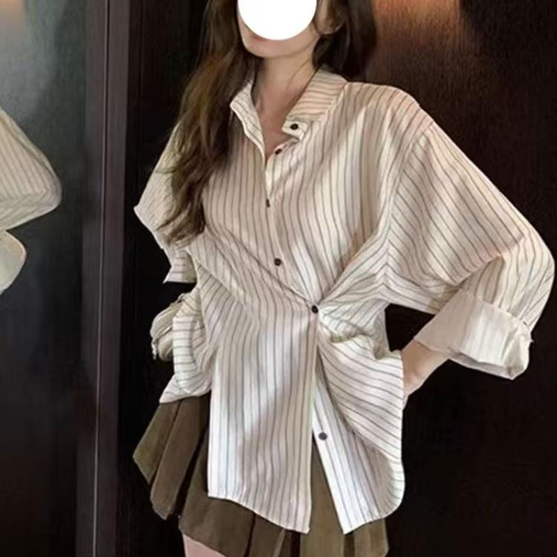 Women Striped Irregular Shirt French Style Loose Lapel Long Sleeved Blouses Autumn Versatile Female Single Breasted Cardigan