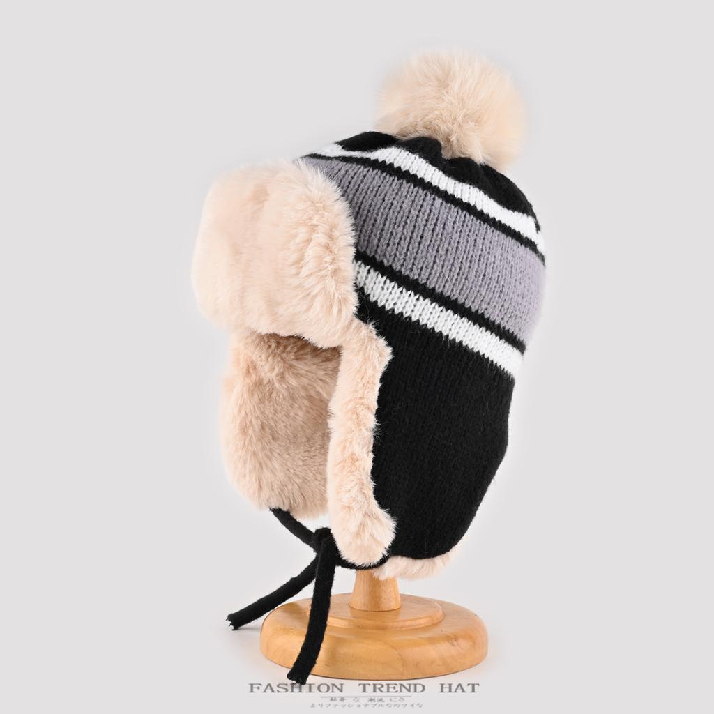 Knitted Hat Women's Autumn and Winter Warm Plush Ear Protection Hat Striped Color Matching Plush Thickened Wool Hat