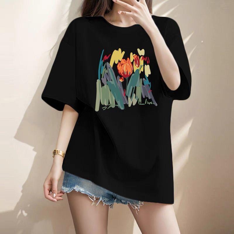 Women Clothing Chic Hand-Painted Flower Printing T-shirt Summer Elegant Fashion Pure Cotton Basic Top Tee Lady Loose Pullovers