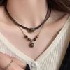 Vintage Leather Brown Stone Pendant Necklace Women's Retro Stacking Choker Temperament Clavicle Chain Hip Hop Jewelry Accessory