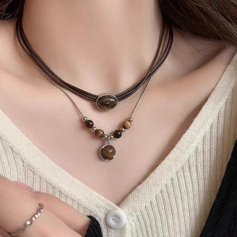 Vintage Leather Brown Stone Pendant Necklace Women's Retro Stacking Choker Temperament Clavicle Chain Hip Hop Jewelry Accessory
