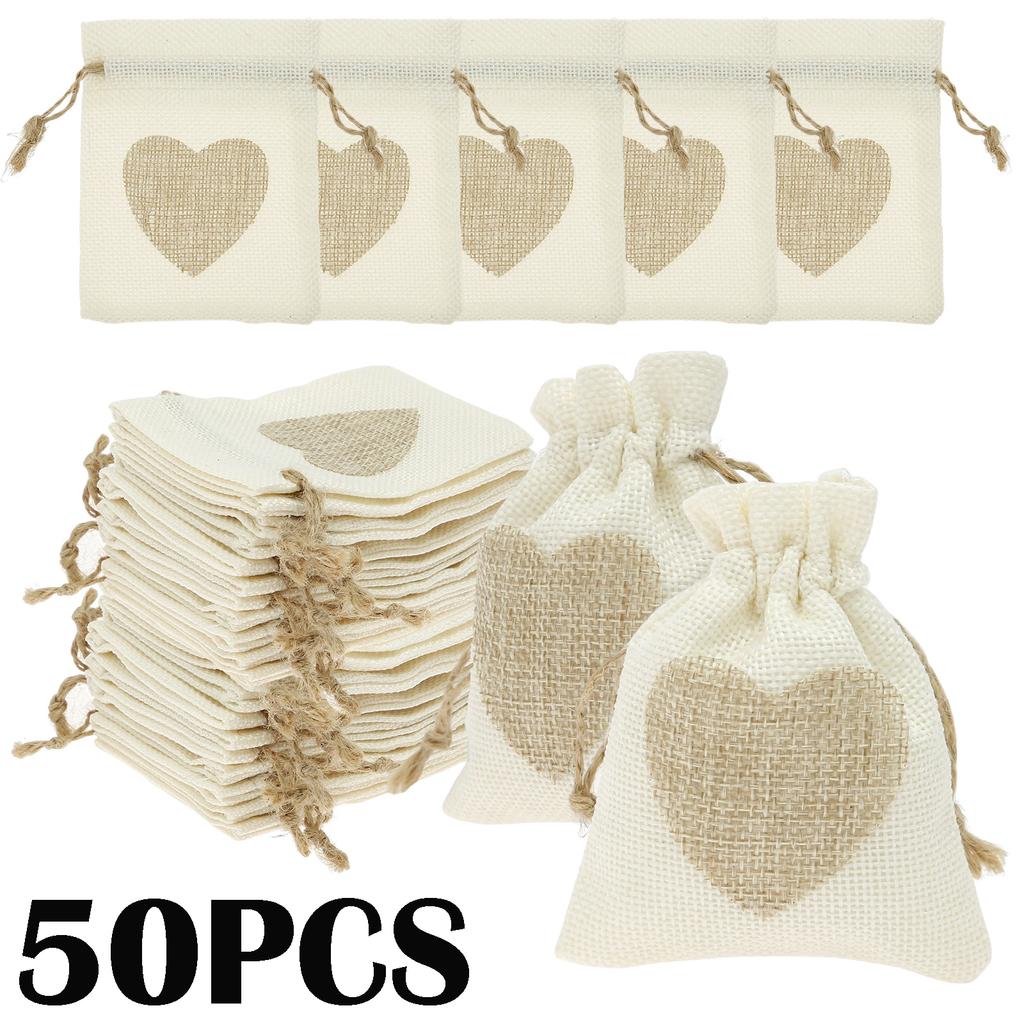 50Pcs Drawstring Jute Bags Reusable Linen Small Present Bags with Heart Pattern Versatile Empty Sachet Pouch for Presents