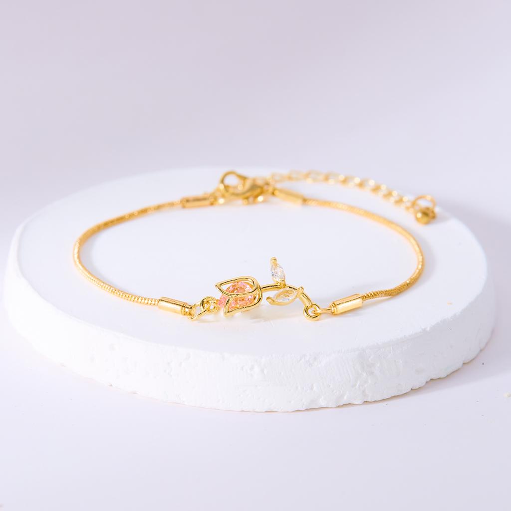 Fashion Gold Color Crystal Zircon Flower Tulip Bracelet For Women Wedding Party Valentine's Day GiftJewelry