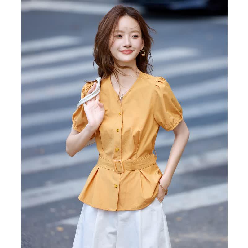 Women's French Style V-Neck Petal Hem Blouse