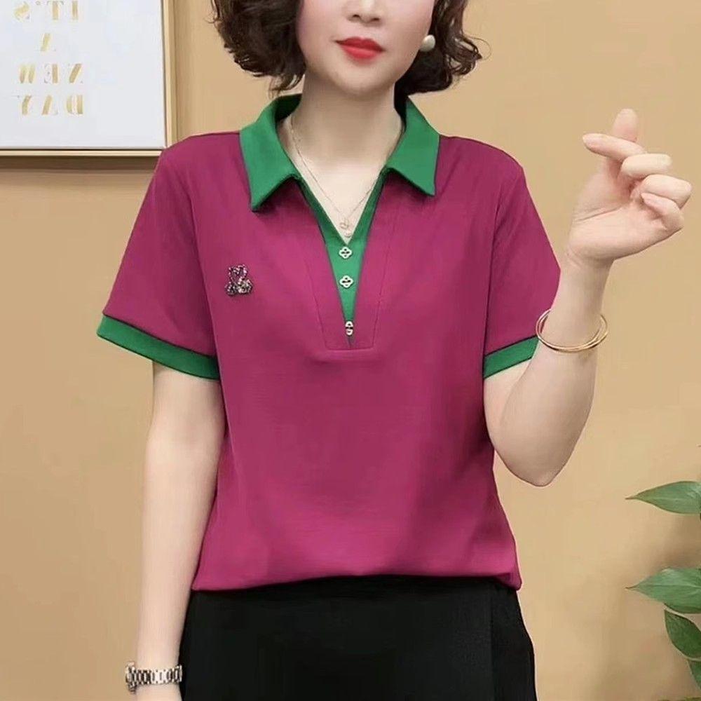 

New summer middle-aged women s lapel contrasting color hot diamond swan short-sleeved solid color three-button fashion temperament T-shirt 4XL рожевий червоний колір