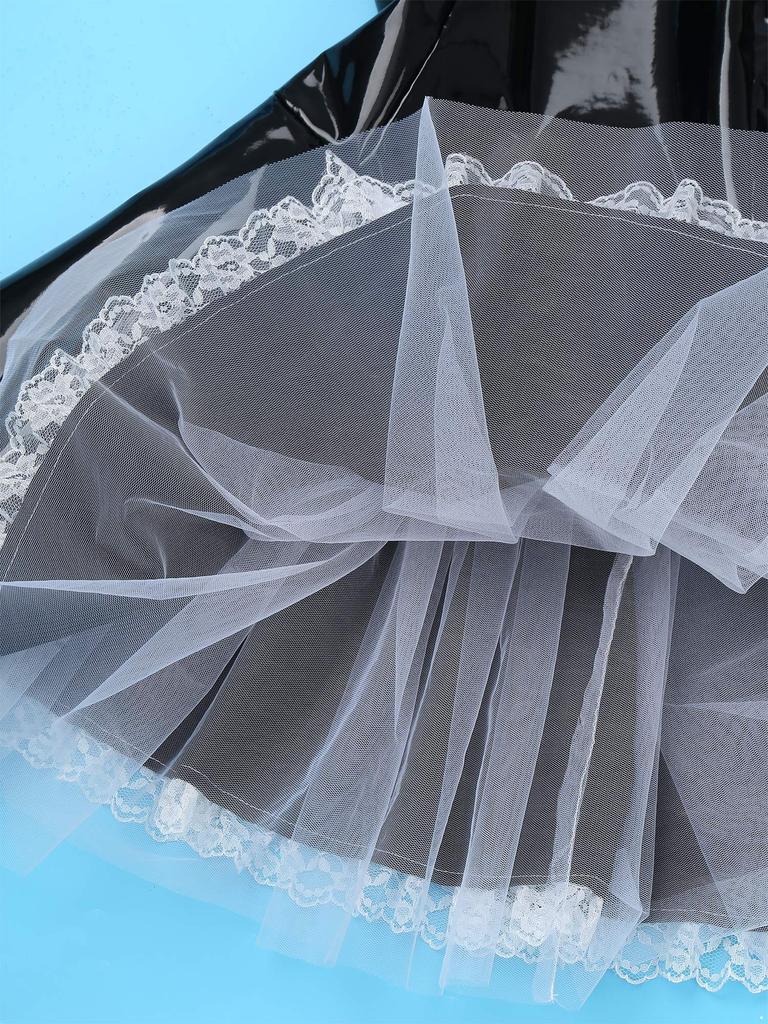 Damen Glänzendes Lackleder Dienstmädchenkleid Spitze Stirnband Rüschen Spitze Schürze Puffärmel Kleid