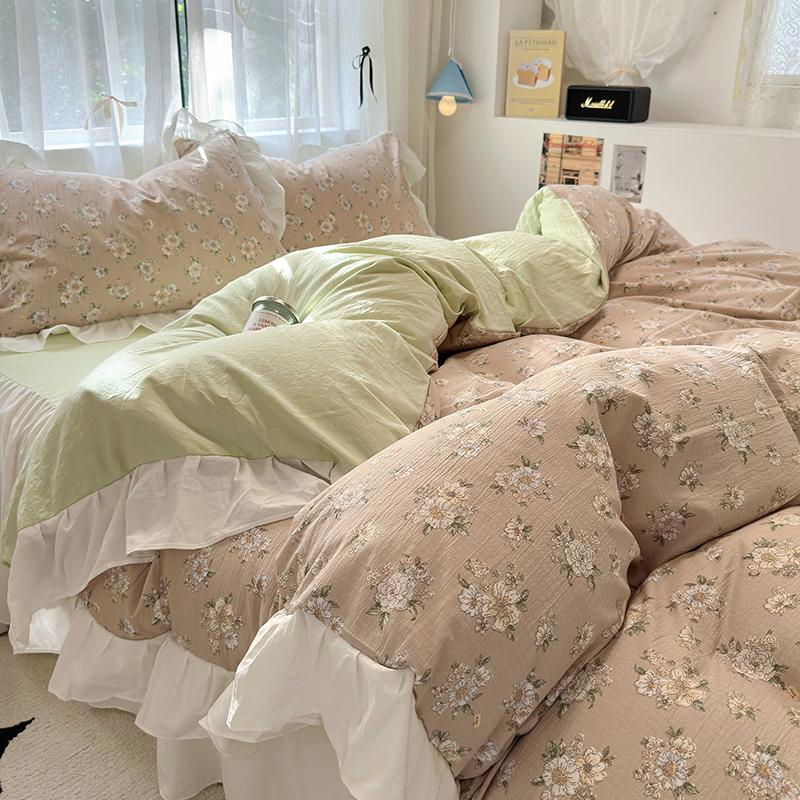Ins Style French Romance Rose Flowers Bedding Set Washed Cotton 4pcs Bed Sheet Set Duvet Cover Set For Girl Bedding Decor Home